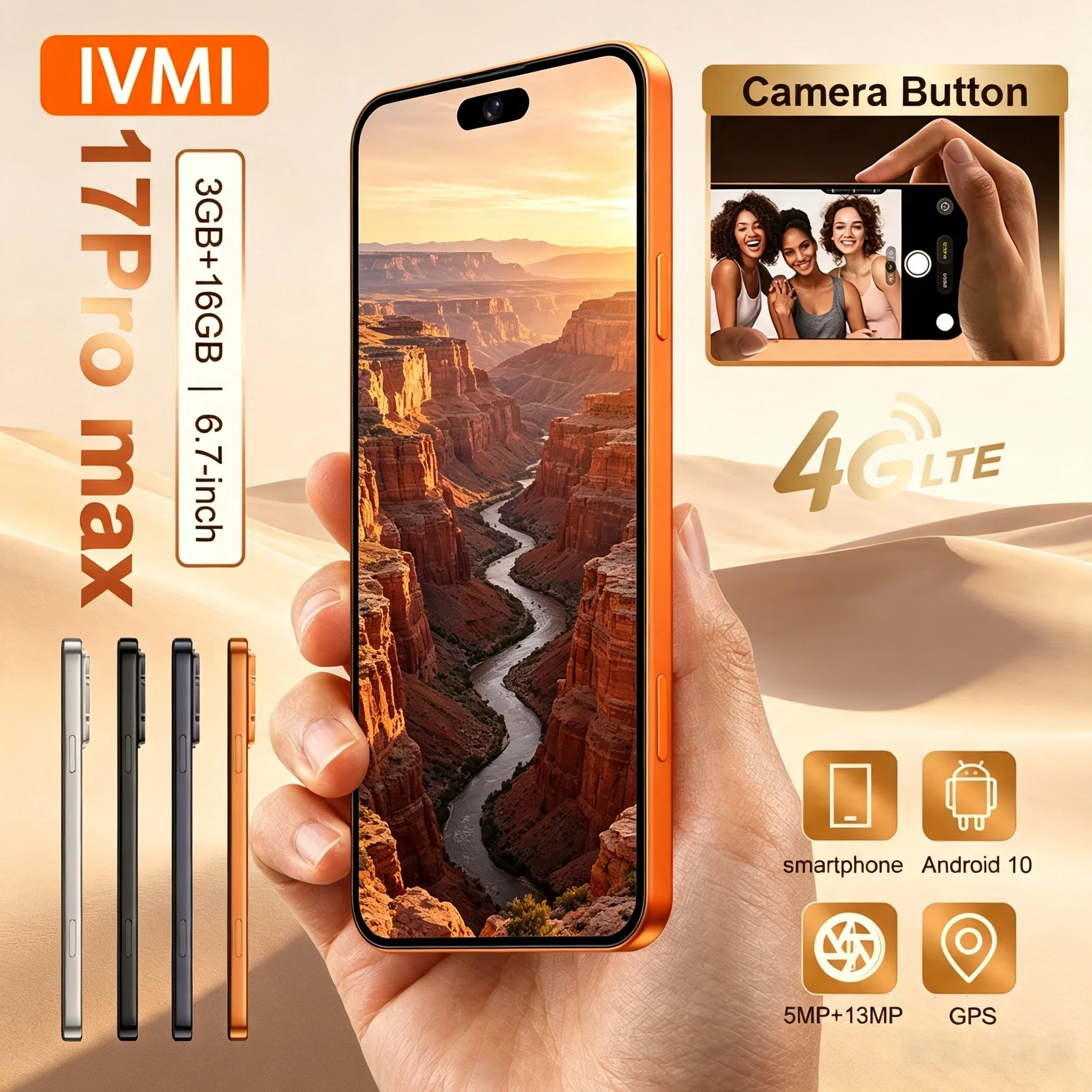 IVMI Global Vision 17Pro Max Smartphone Android 3GB RAM 16GB ROM 5+13MP Face ID 4G Network Google Play Store Mobile Phones