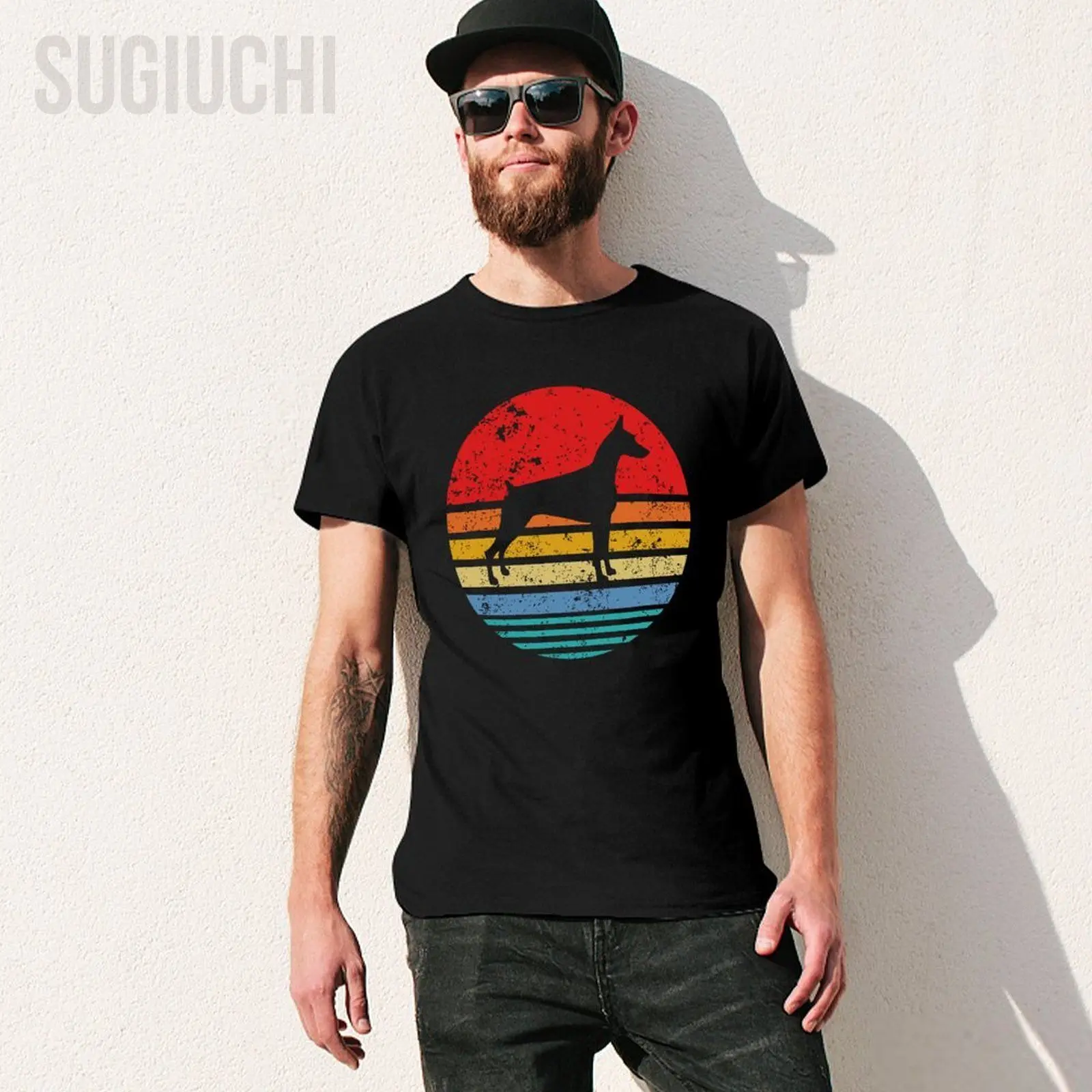 Unisex Men Doberman Retro Sunset Distressed Mom Dad Dog Lover Gift Tshirt Tees T Shirts Women Boys 100% Cotton T-Shirt
