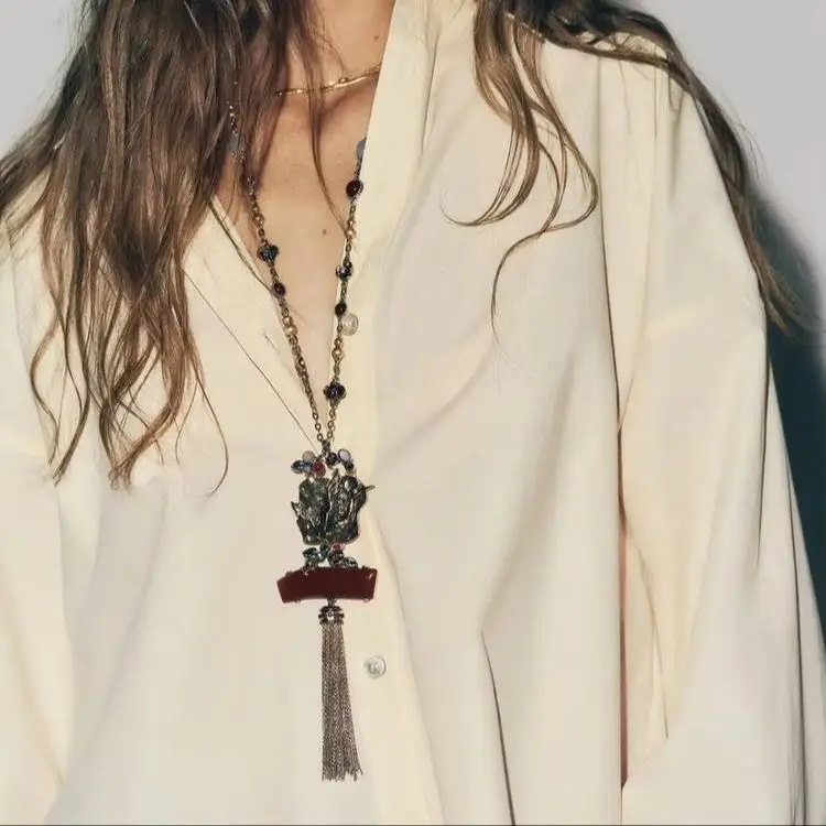 Europe Middle Ages Vintage Style Bird Alloy Tassel Pendant Necklace Imitation Gemstone Rhinestone Multi Element Jewelry