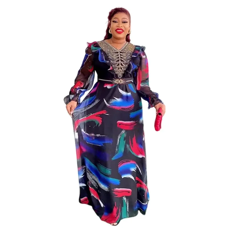 

2024 African Dresses for Women Plus Size Evening Party Long Dress Africa Clothing Elegant Kaftan Muslim Chiffon Maxi Dress