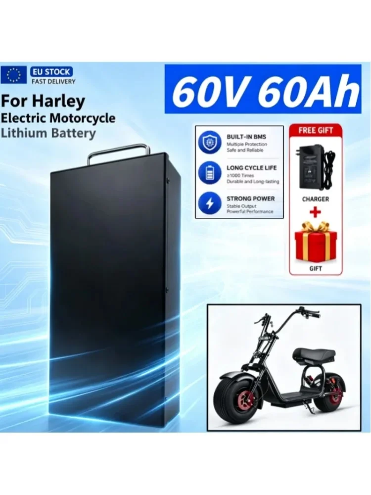 60V Lithium-Batterie 60Ah 50Ah 40Ah für Harley-Style Elektromotorräder, geeignet für CityCoco Elektroroller, 18650 wiederaufladbarer Batteriepack mit eingebautem BMS, wasserdicht, schneller Versand