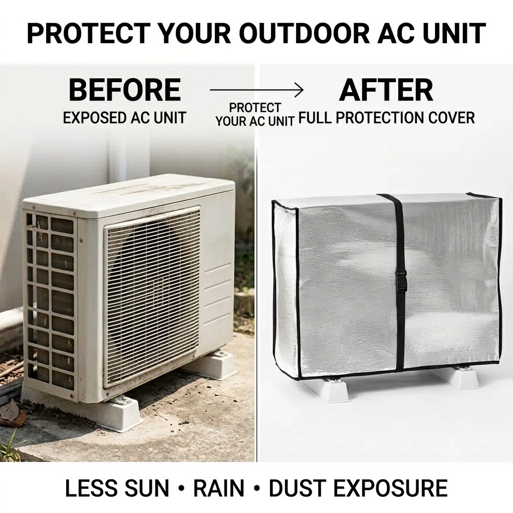 Full‑Coverage Aluminum Foil AC Unit Cover,Waterproof Sun Rain Dust Protection with Buckle Strap for Outdoor Air Conditioner