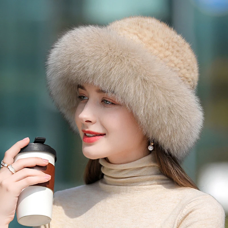 2024 New Women Winter Luxury Knitted Real Mink Fur Bomber Hat Natural Warm Fox Fur Cap Girls Quality Soft Genuine Mink Fur Hats