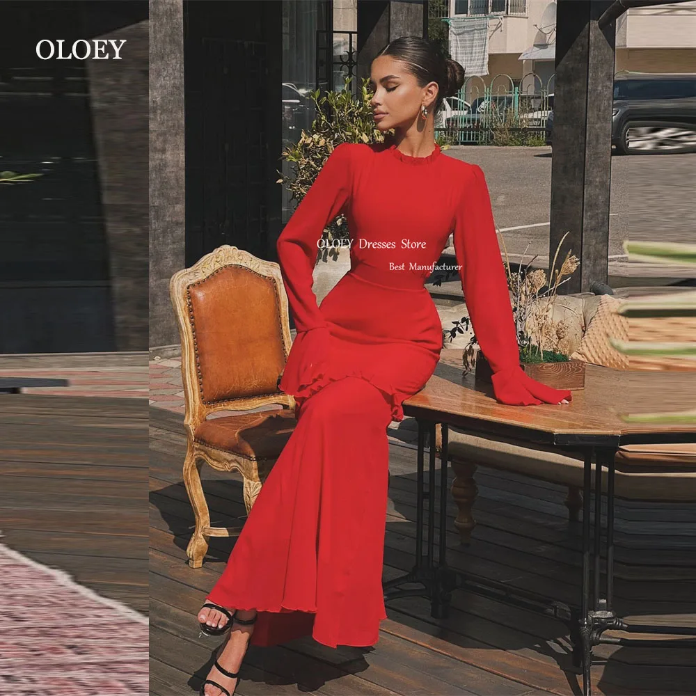 

OLOEY Modest Red Mermaid Evening Dresses Arabic Women Long Sleeves High Neck Tiered Floor Length Prom Gowns Formal Party