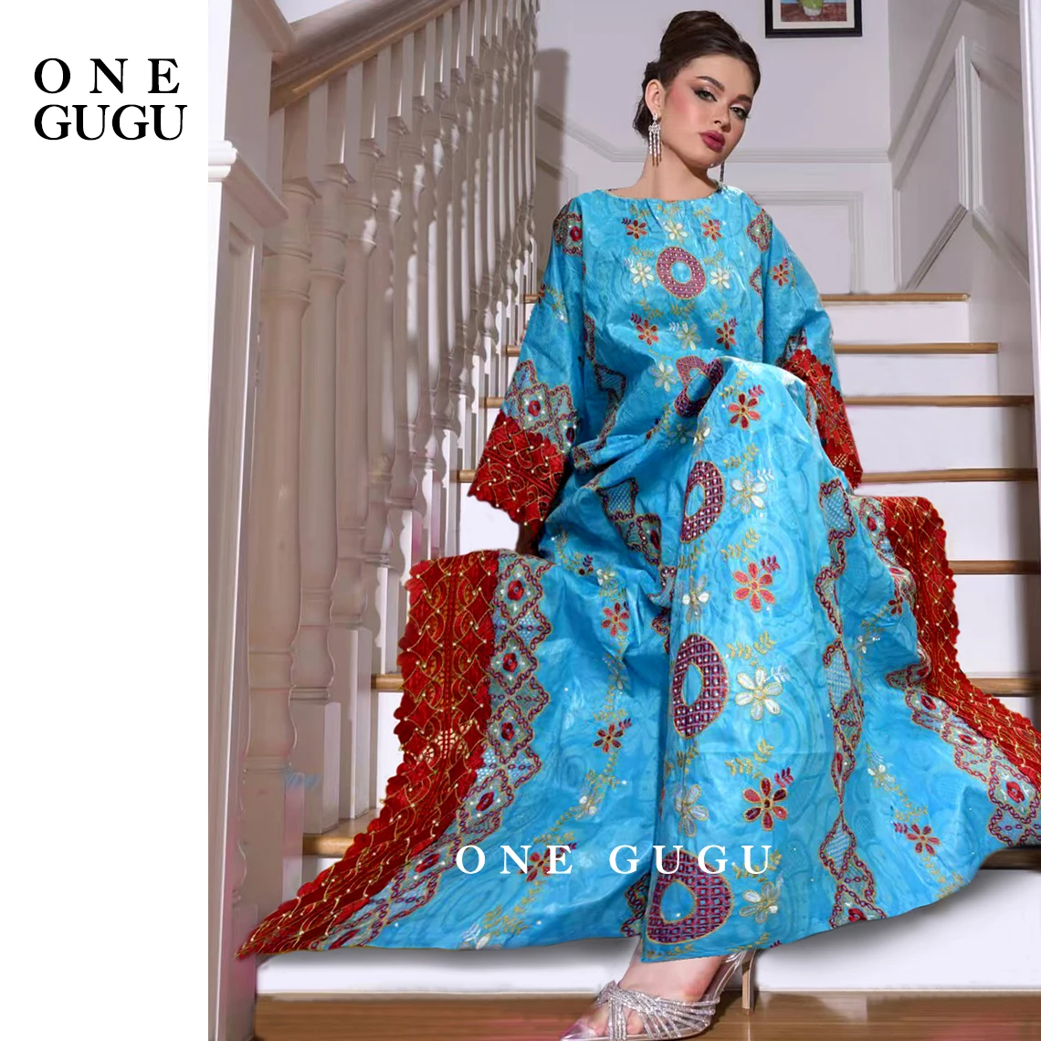 فستان بازان الثراء النيجيري الأزرق الملكي Dashiki Boubou فساتين زفاف العروس التقليدية الأفريقية الديباج حوض ثوب غني رداء #3