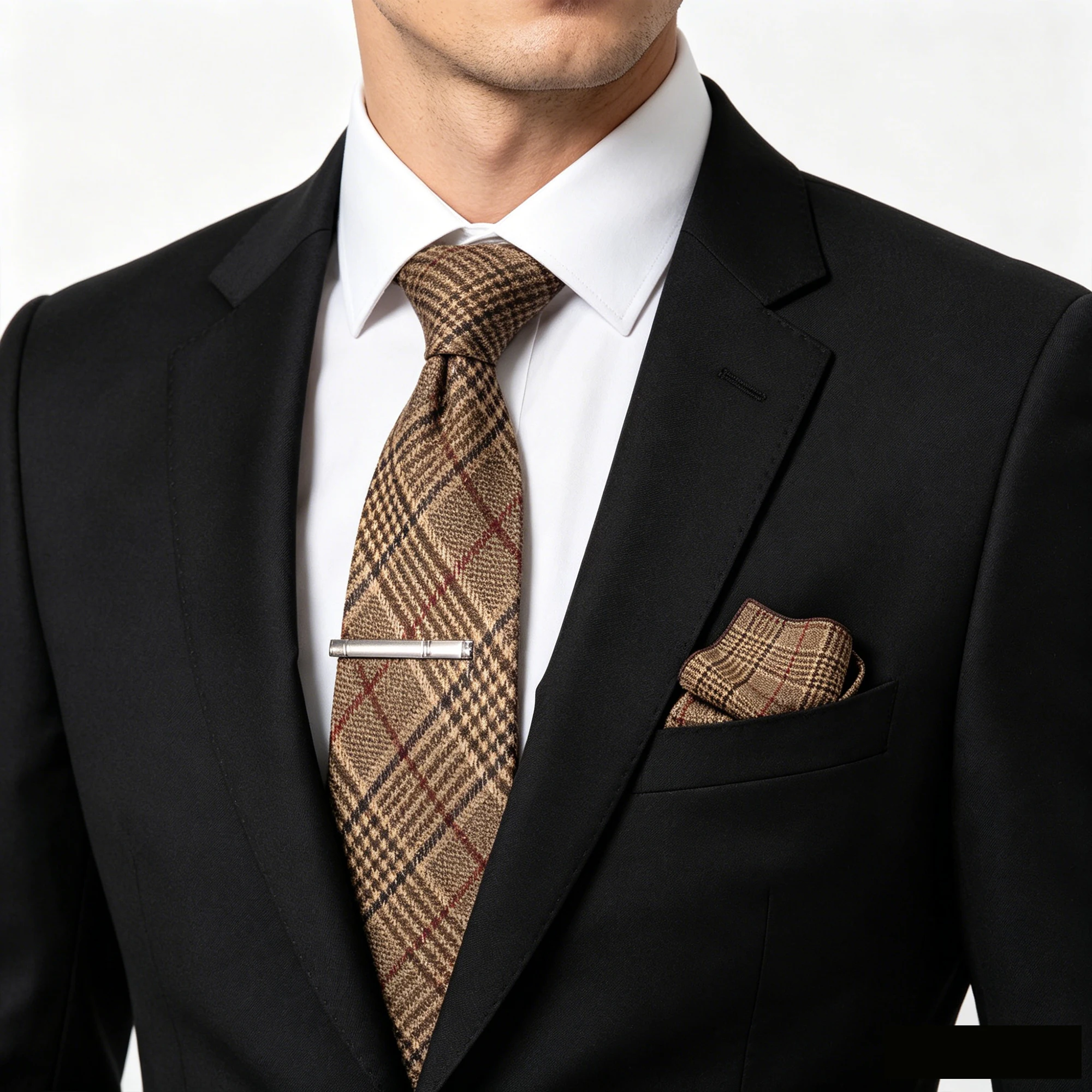Klassische Wollkrawatte für Herren, braun-grau, gestreift, kariert, einfarbig, Kaschmir-Krawatte, Einstecktuch-Set, Hochzeitsaccessoire, Geschenk – Detail 18