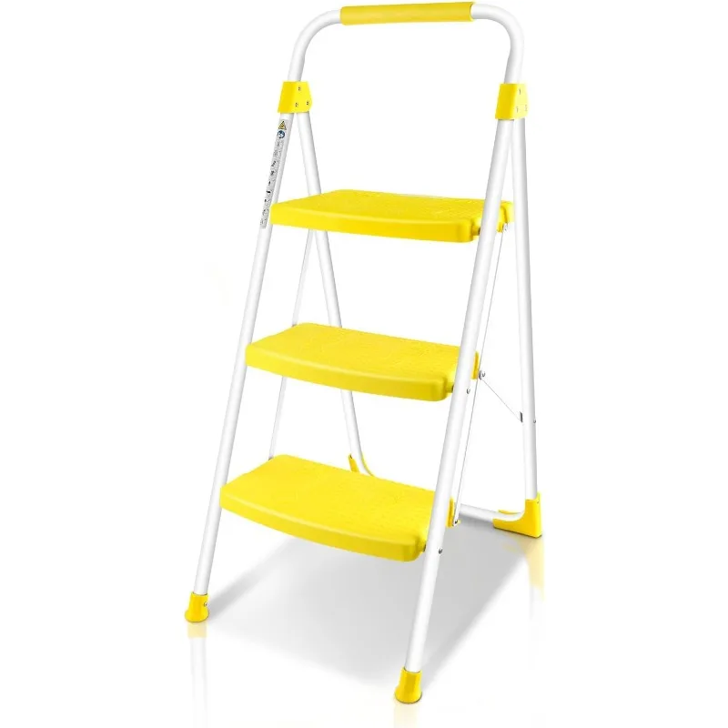 3 Step Ladder, Folding Step Stool with Wide Anti-Slip Pedal, 500lbs Sturdy Steel Ladder, Convenient Handgrip, Lightweight