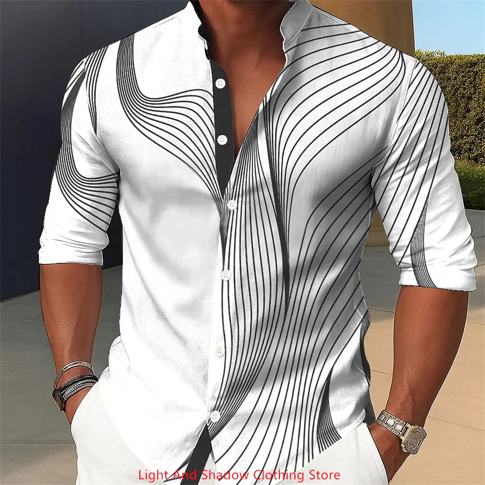 Men's plus Size Abstract Liquid Art Shirt Long Sleeve Casual Vacation Fashion Stand Collar Design for Summer Spring Autumn