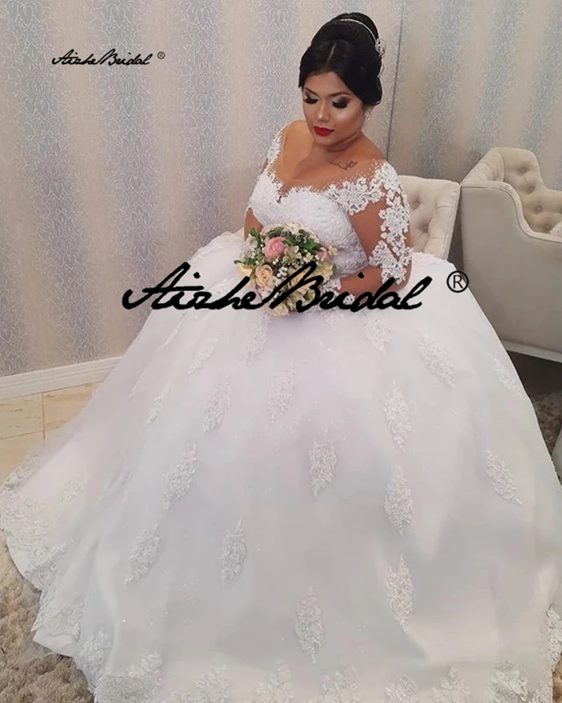 Grande taille dentelle Appliques robes de mariée manches longues à lacets dos robes de mariée robes de mariée robe de mariée