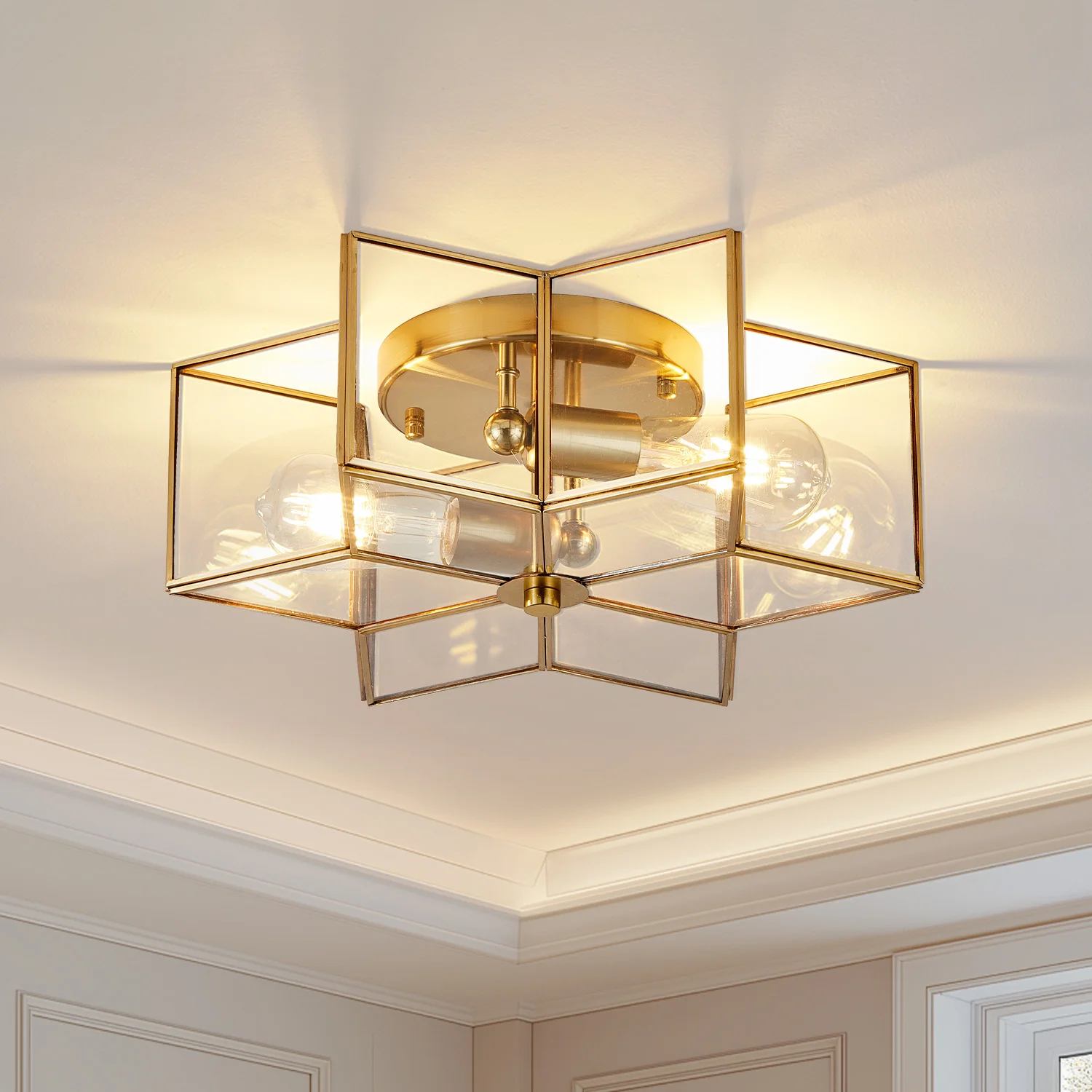 Star Shape Flush Mount Ceiling Light Metal Frame Tempered Glass Shade, 2-Light E26 Base Industrial Farmhouse Ceiling Lamp for Entryway Bedroom Dining Room Stairway Home Decor (1-Pack)
