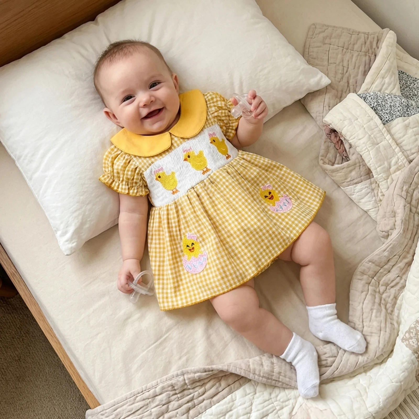 

Baby Girl Easter Plaid Romper Dress Short Sleeve Doll Collar Chicken Embroidery Bodysuits Sweet Baby Jumpsuit