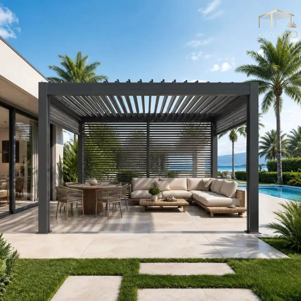 

Bioclimatic Aluminum Pergola 10x10 FT Manual Louvered Roof Waterproof Garden Pavilion for All Seasons