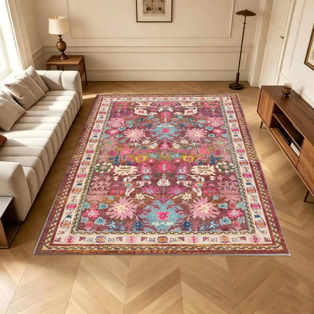 Colorful Retro Floral Pattern Carpet, Non-Slip Washable Soft Carpet, Suitable for Living Room, Bedroom, Home Decoration
