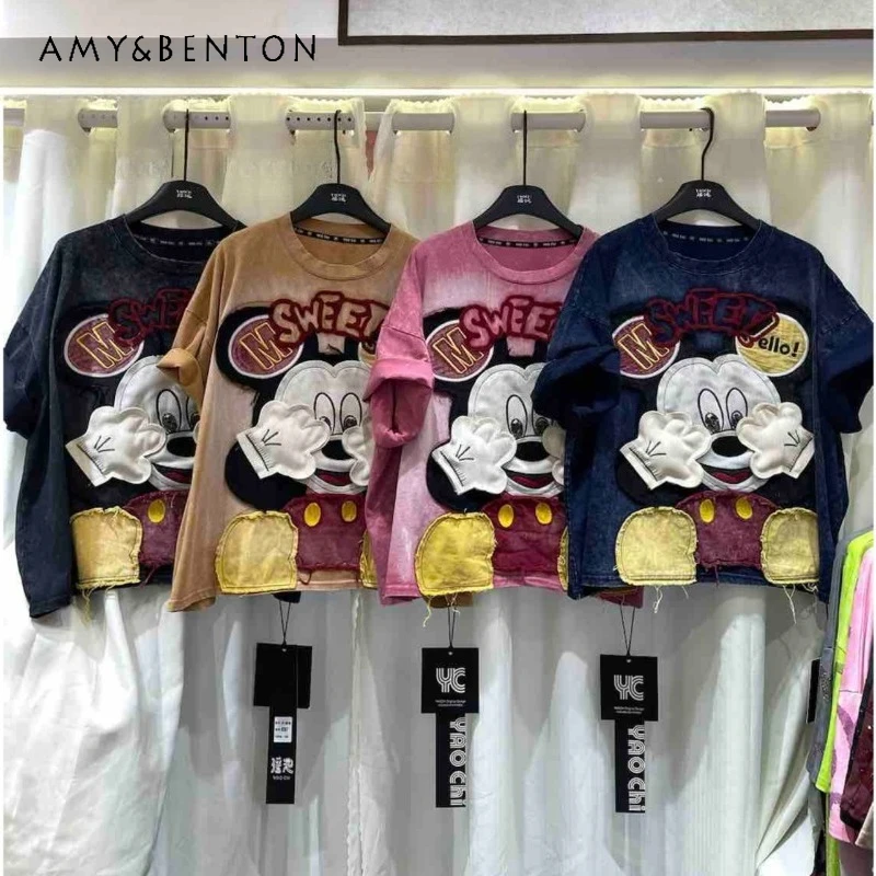 

Trendy Brand Cartoon Retro Y2k Top Tees Fashion 2026 Spring Autumn New Denim Top Women's T-shirt Short Sleeved O-neck Pullover