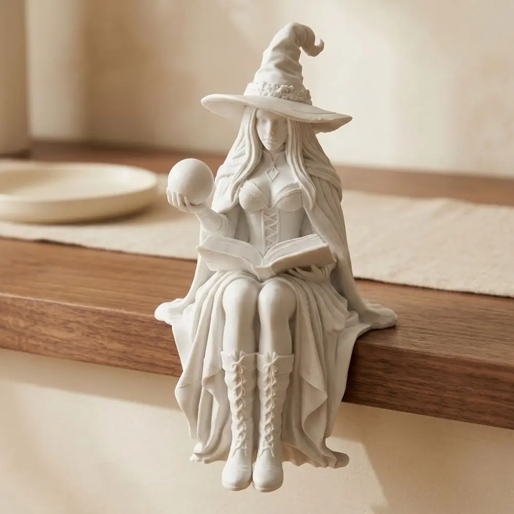 3D Printed Sitting Witch Figurine with Book Ball Vintage Gothic Halloween Witch Shelf Sitter Female Spooky