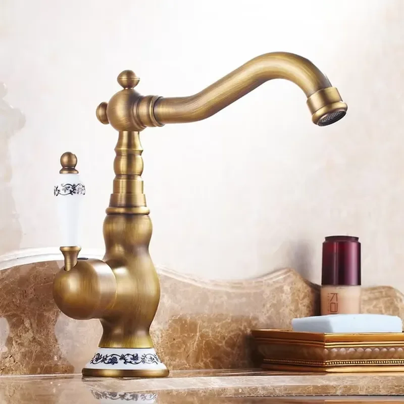 Wholesale and Retail Deck Mount Single Handle Hole Bathroom Sink Mixer Faucet Antique Brass Hot and Cold Water Surface Mixer