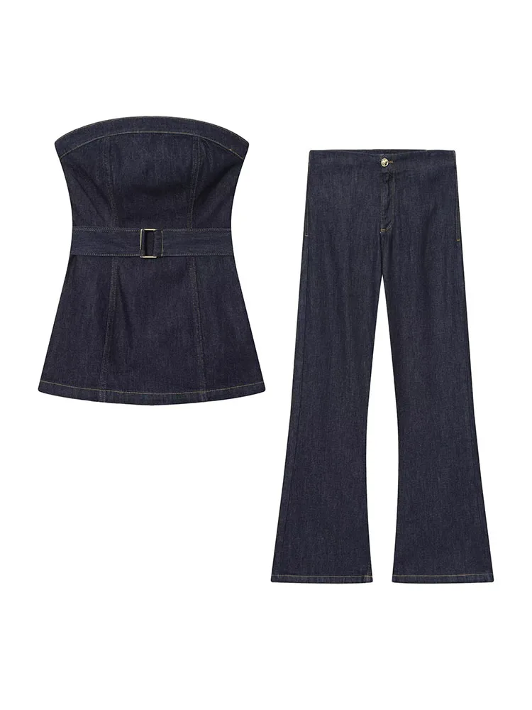 

Женский джинсовый комплект 2025 г. Женский новый модный топ без бретелек + широкие брюки с высокой талией, комплект из двух предметов, женский элегантный топ с поясом, костюм