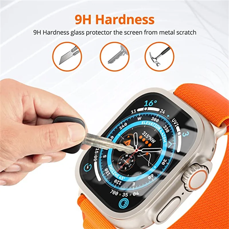 2 uds caja de aleación de aluminio + vidrio templado para Apple Watch Ultra 2 49mm Protector de pantalla antiarañazos para iWatch Ultra película de cubierta