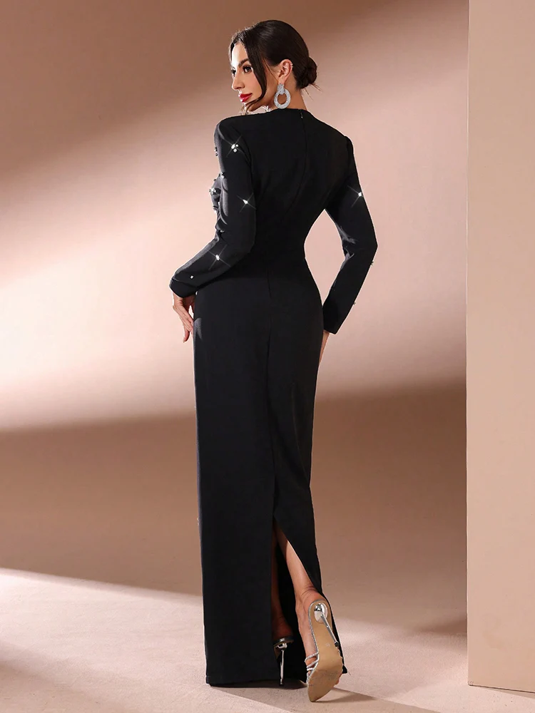 TOLEEN Women Solid Color Rhinestone Decorated Casual Long Sleeve Dress 2024 New Luxury Elegant Formal Party Evening Maxi Dresses