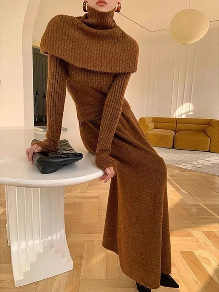 BZVW Hig-end Knited Two-piece Set Women's Turtleneck Long Sleeves Shawl Sweater With Elastic Waist Skirt 2024 Autumn New 25Z1378