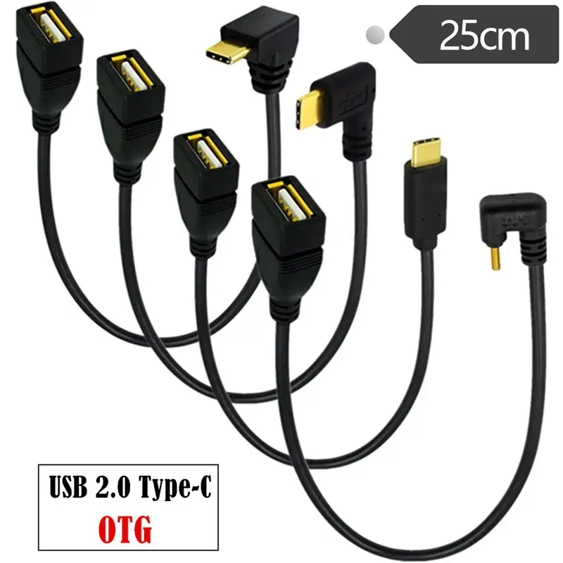 Gold Plated OTG Type-C Male Head UP/Down Bend To USB 2.0 Female Head Data Cable, Phone Connected To USB Drive 25cm