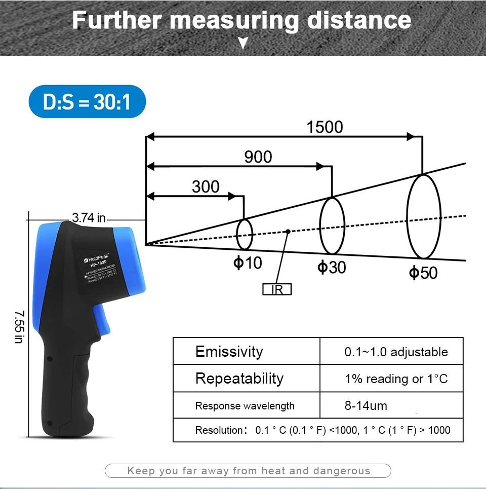 HP-1320 Termometro a infrarossi senza contatto Sicurezza a distanza Durevole Facile da usare Misurazione rapida Ampia gamma di misurazioni HOLDPEAK 1320