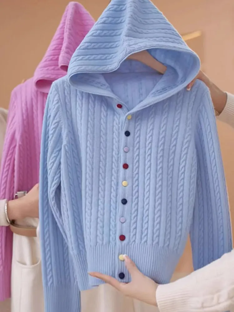 Ele Long Sve سترة مشغولة من الصوف مقنعين عادية Faion الشتاء سترة عادية تويست لون نقي تخفيف Sle منتظم صالح