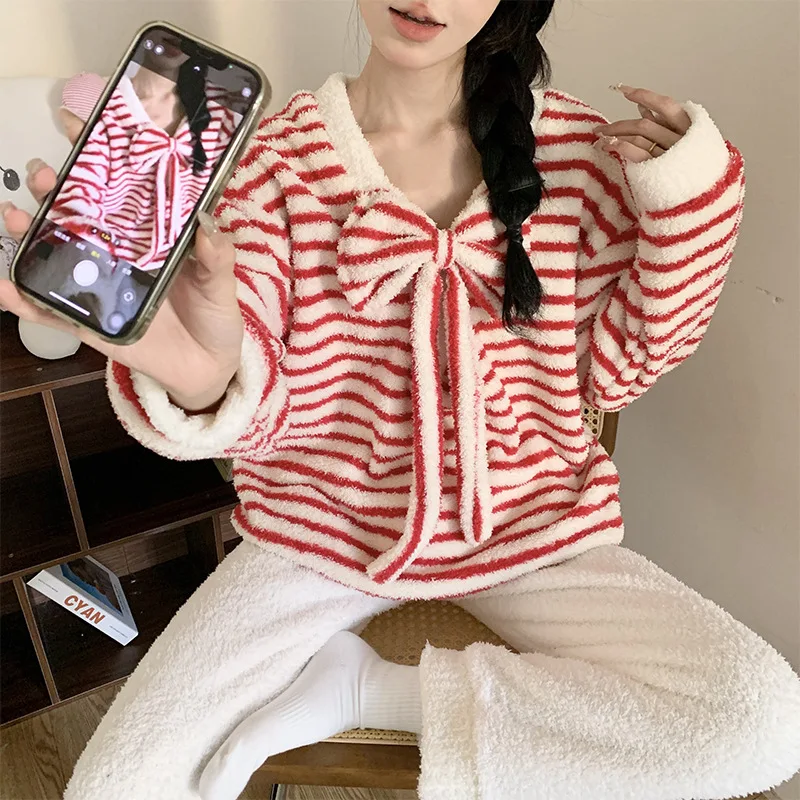 

Bow Christmas Pjs Set Women's Pajama Set Large Size Home Clothing Women's Warm Winter Pajamas Fashionable Home Clothes, Pajamas