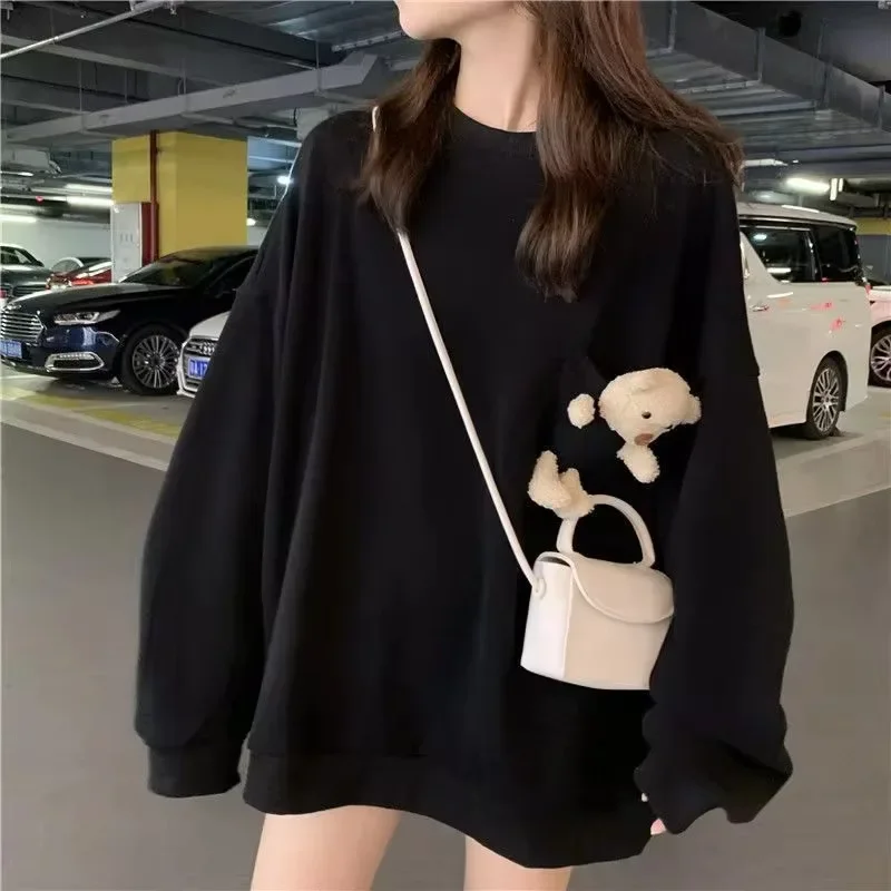 DAYIFUN Lady' Solid Color Hoodies Korean Autumn Pullover Long Sleeved Blusas Round Neck Cute Bear Doll Versatile Pockets Tops