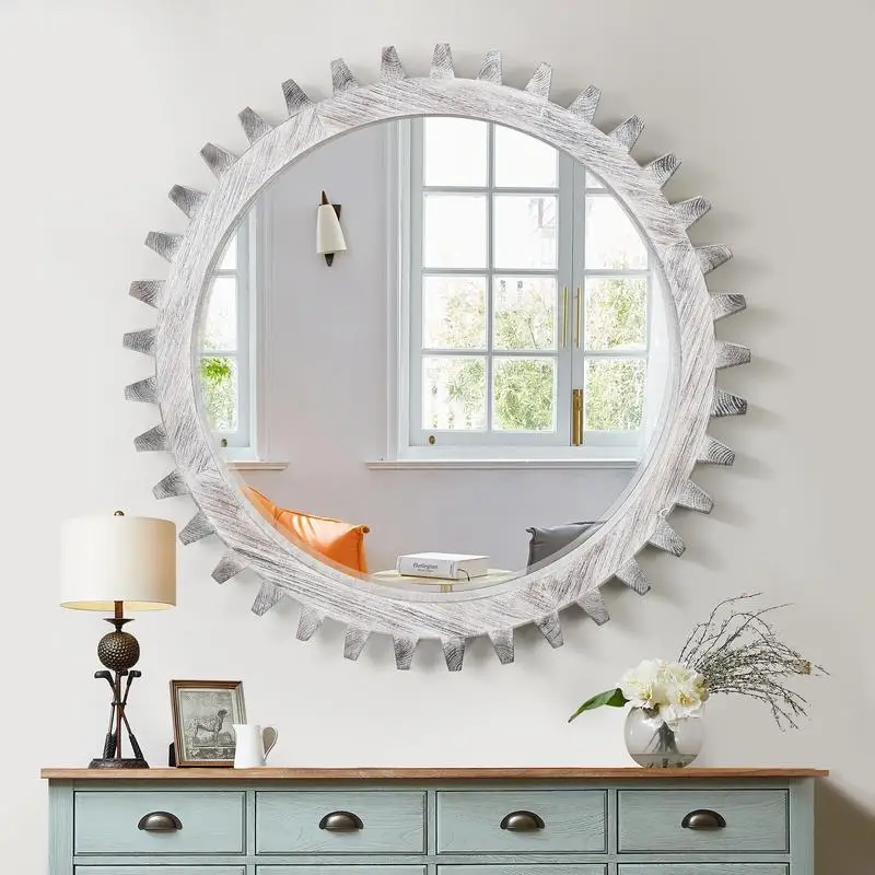 

Vintage 42 x 42 Wood Round Hanging Gear Shape Heavy Decorative Mirror for Bathroom Living Room Entryway or Customizable Antique