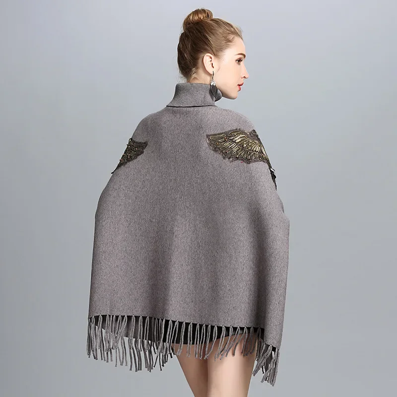 4 Colors Winter Knitted Women Eagle Appliqued Knitted Loose Sweater Long Batwing Sleeves High Neck Tassel Poncho Streetwear