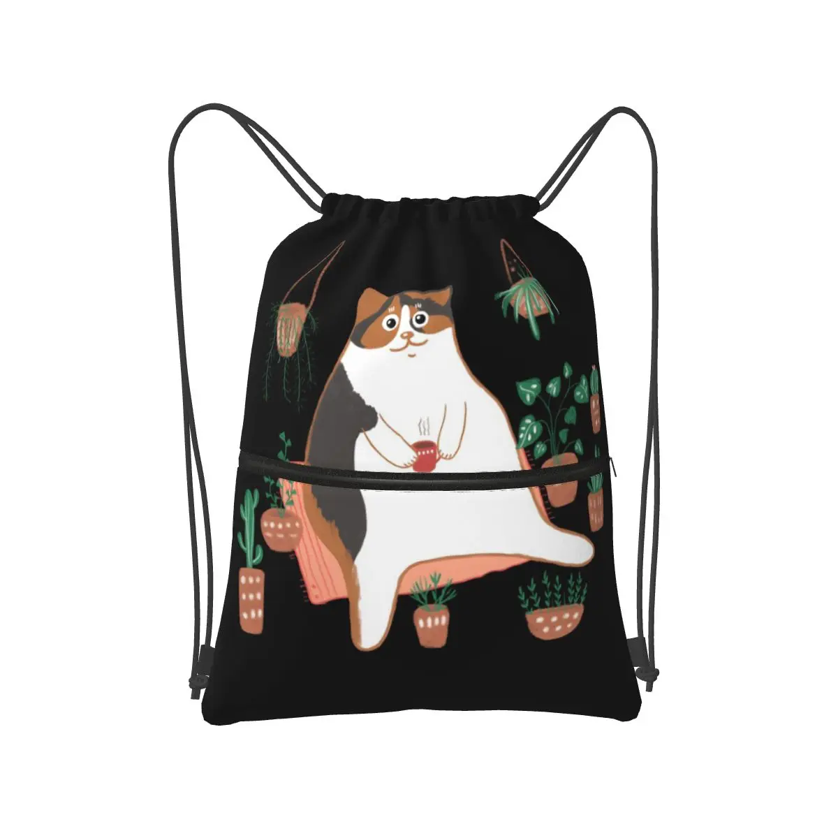 Calico Cat With Pot Plants Cat For Mom Backpacks Multi-function Drawstring Bags Sports Bag Book Bags for Man Woman School