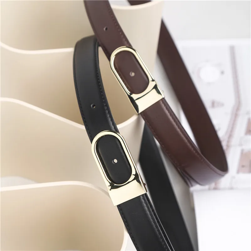 Belt first layer cowhide brown gold buckle thin belt genuine leather women versatile women temperament thin belt women