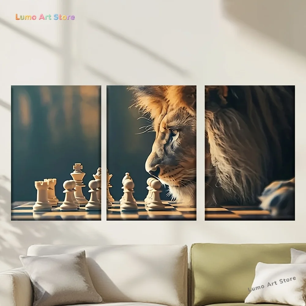 3pcs/set, Canvas painting--Unframed, lion and chess, Posters and prints, living room, office, bar, library, cafe, Home decora