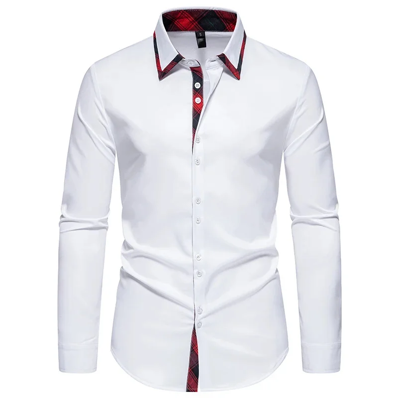 

Men's shirt casual and comfortable long sleeved polka dot color blocked lapel, daily vacation fashionable and comfortable top