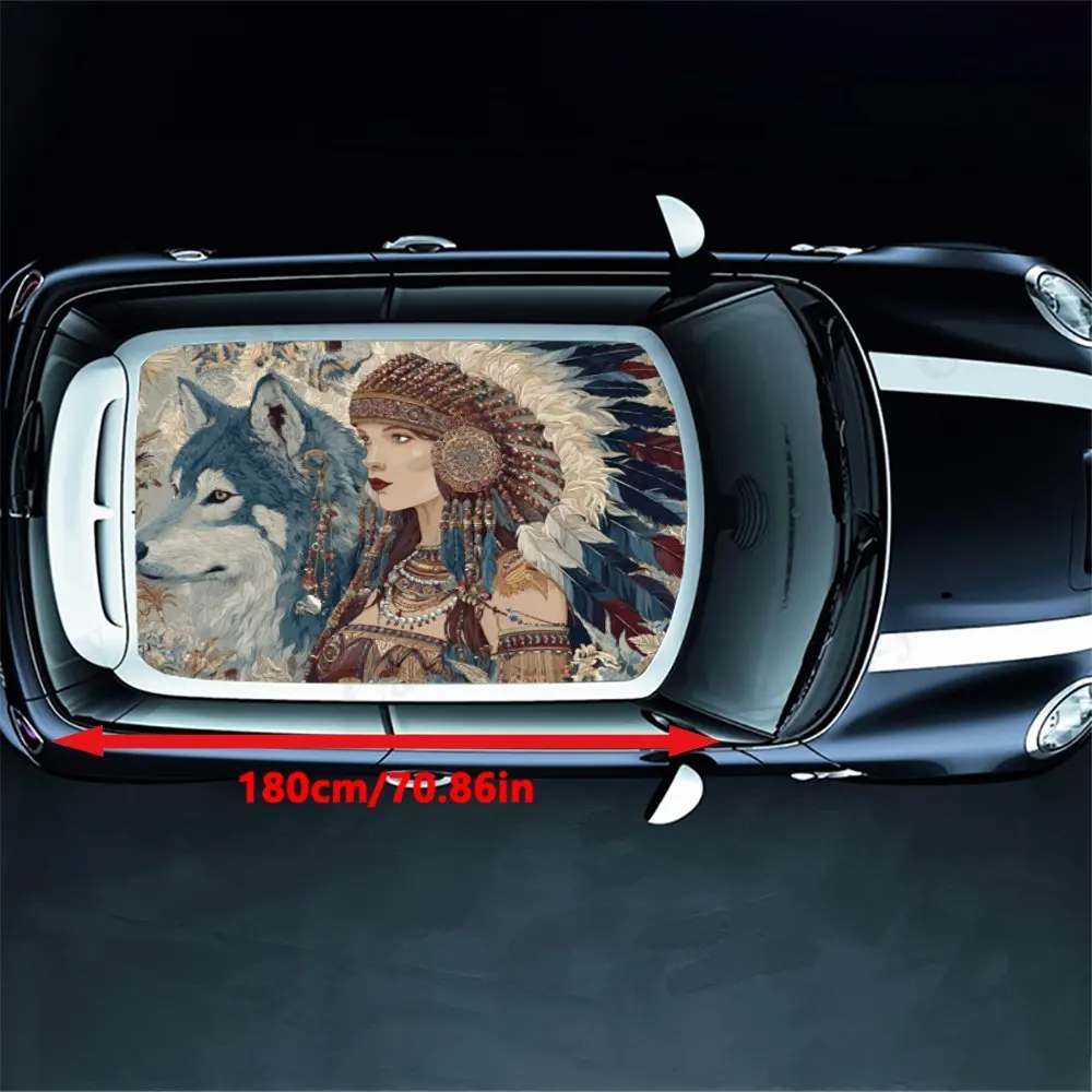Unique Wolf & Tribal Style Woman Car Roof Vinyl Wraps Sticker, Auto Decal, Artistic Vehicle Decoration, Self-adhesive Waterproof
