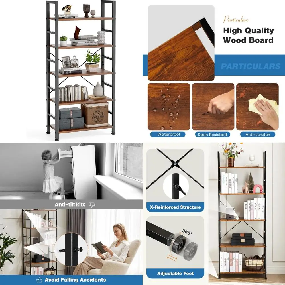 

5-ярусная классическая деревянная книжная полка для гостиной/домашнего офиса, цвет рустик-коричневый, органайзер для хранения компакт-дисков, книг и фильмов