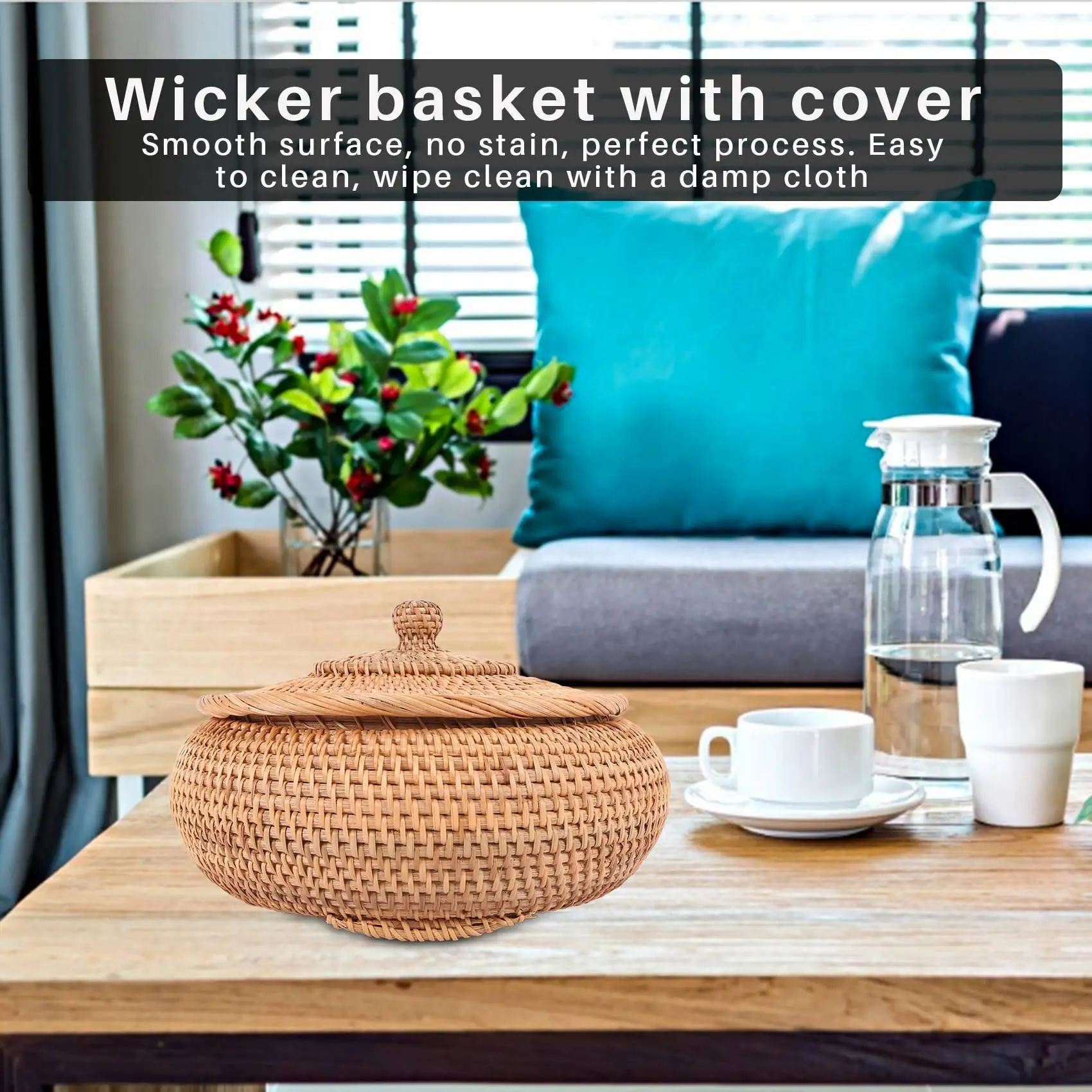 กล่องหวายพร้อมฝาถาดสานอเนกประสงค์ขนาดเส้นผ่าศูนย์กลาง11นิ้วทำจากเส้นใยหวายทนทาน