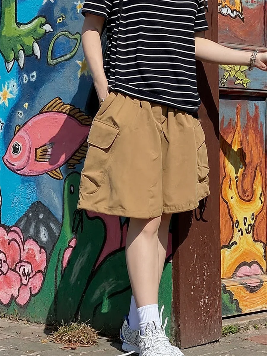 Shorts mit weitem Bein und mehreren Taschen für Damen, Vintage-Stil, Grunge, Gothic, Punk, Schwarz, modisch, Emo, japanische Y2K-Hotpants, Sommer, Straße, trendig