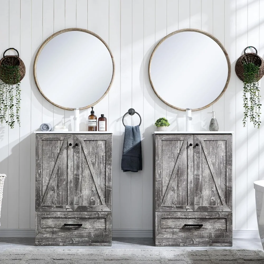 Moderne 24-inch badkamermeubel in boerderijstijl met wastafel en voldoende opbergruimte met schuurdeurontwerp