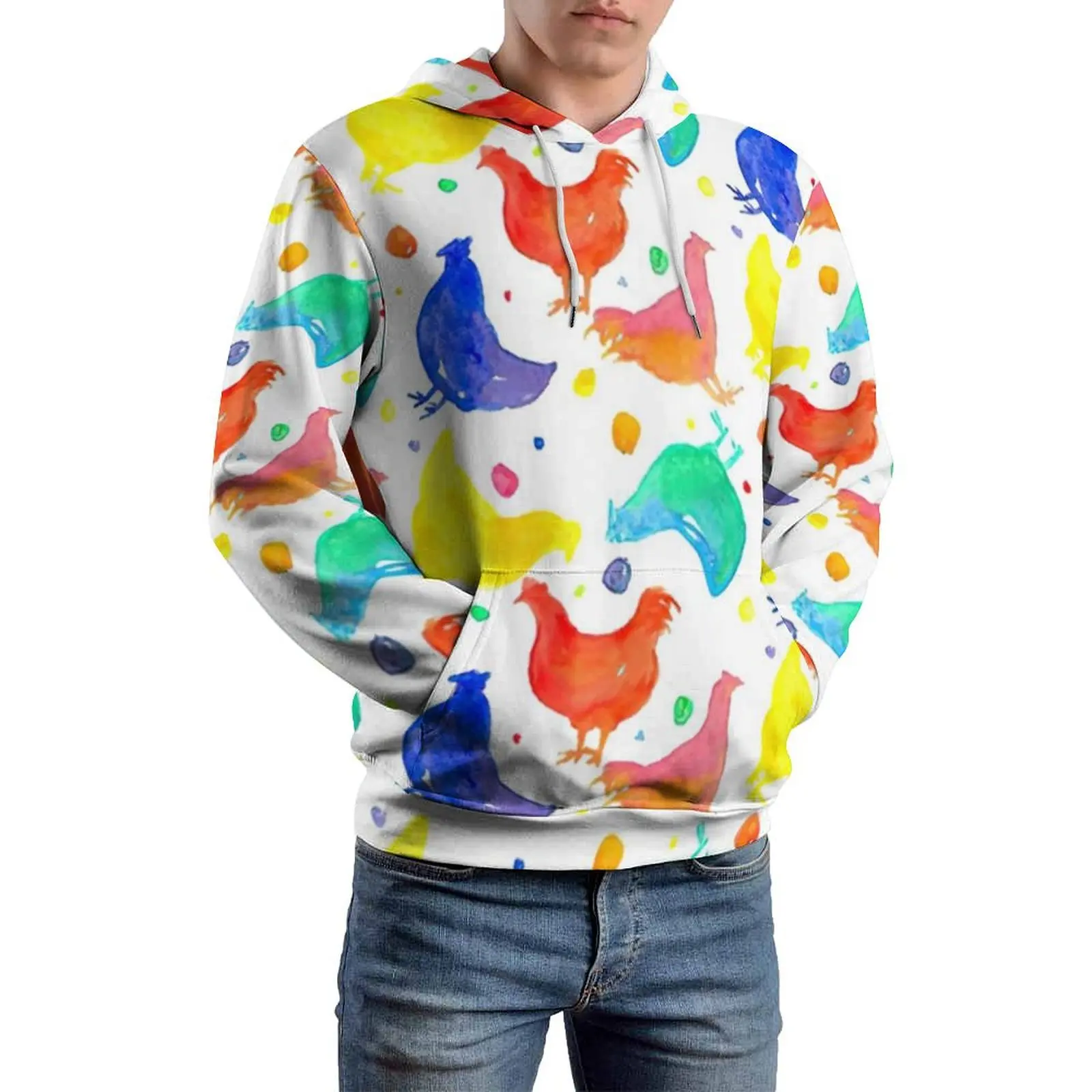 Colorful Chicken Loose Hoodies Watercolor Animal Print Fashion Pullover Hoodie Man Long Sleeve Kawaii Design Sweatshirts