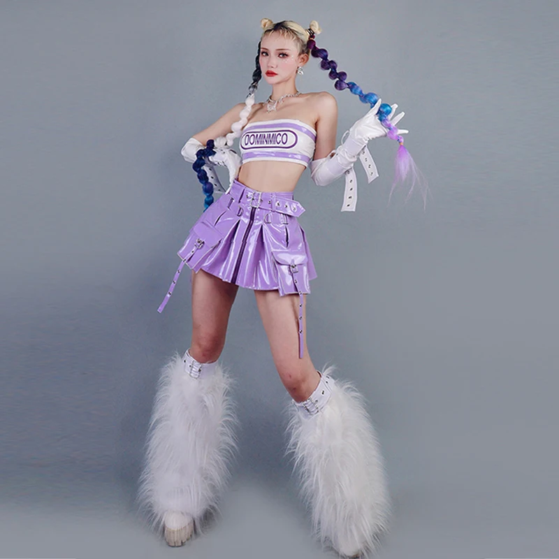 2024 New Purple Kpop Jazz Dance Outfit Nightclub Gogo Dancer Performance Wear Birthday Party Clothing Plush Leg Cover