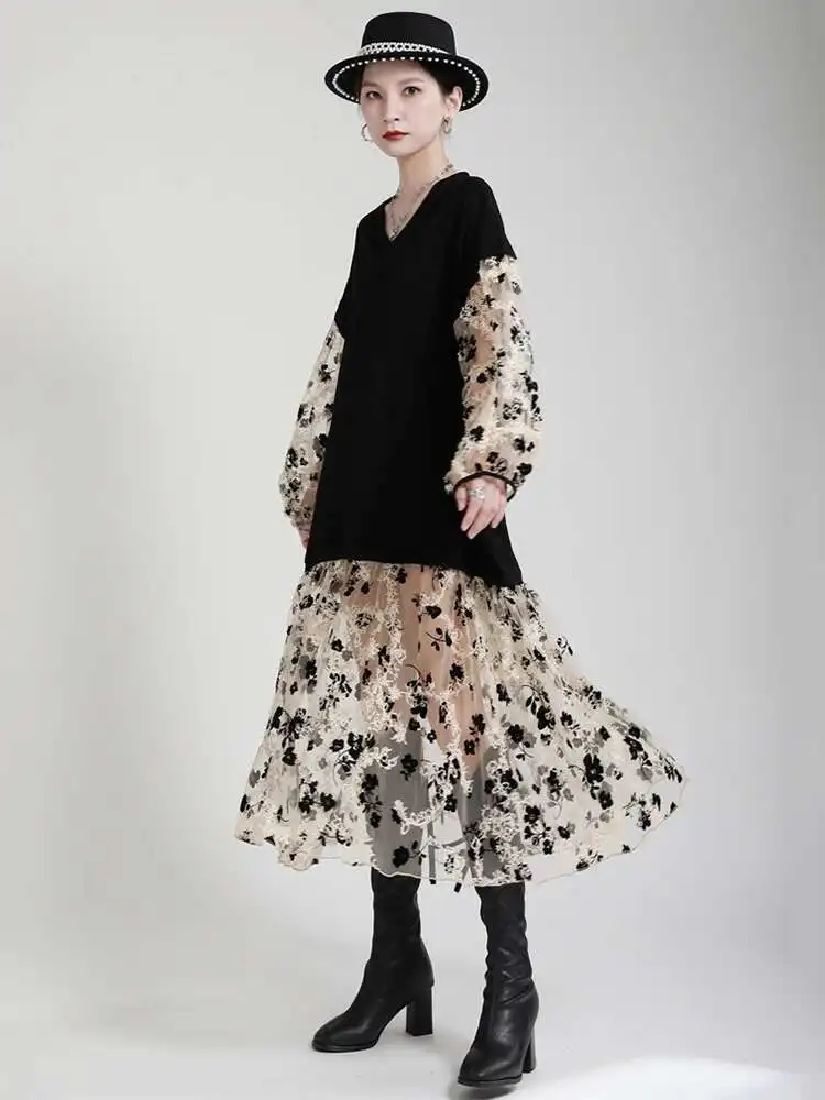 

Женское платье большого размера с принтом и принтом, новое свободное платье с v-образным вырезом и длинными рукавами, модное платье, весна-осень