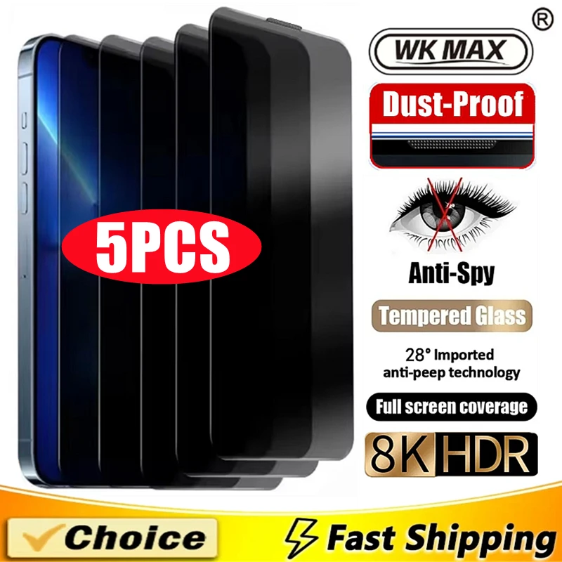 

5Pcs New Dust Free Privacy Screen Protector For iPhone 16 15 14 13 12 11 17 Pro Max Anti-spy Glass For iPhone XR X XS 15 16 Plus