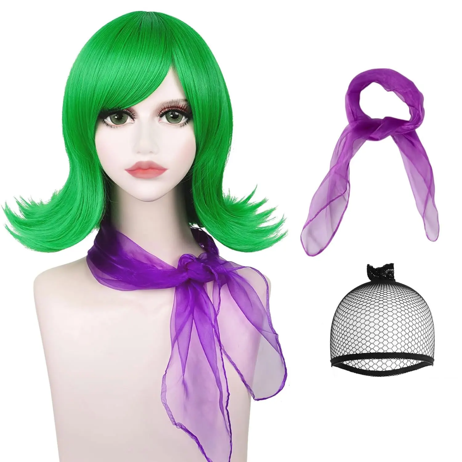 Green Wavy Cosplay Wig Short Synthetic Green Flip Out Hair with Purple Scarf for Women Costume Halloween Dress Up Party