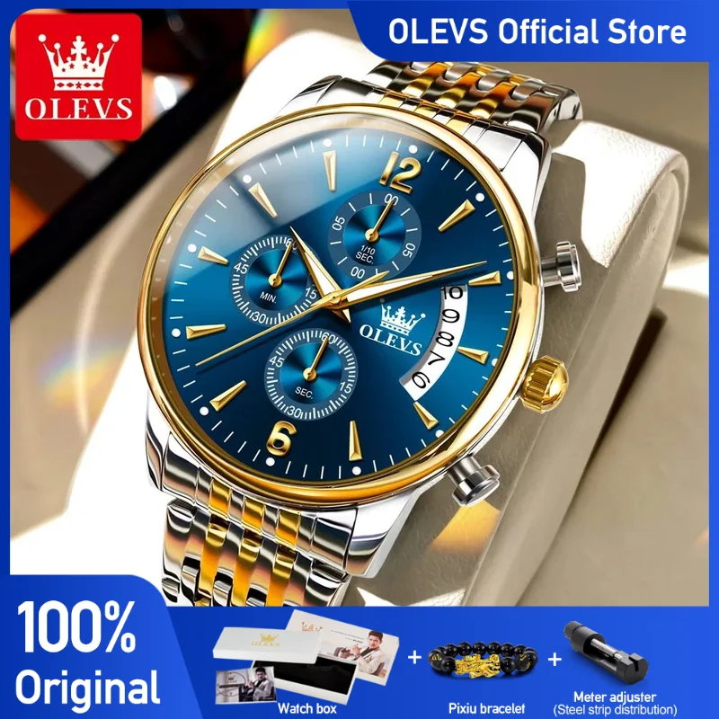 OLEVS Men\'s Watches Classics Three Small Dial Original Quartz Watch for Man Waterproof Stainless Luminous Date Fashion Trend