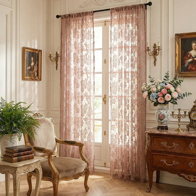 2026 Pastoral Floral Lace Sheer Curtain Vintage Semi Transparent Door Voile Drapes for Balcony Bay Window Cortinas De Habitación