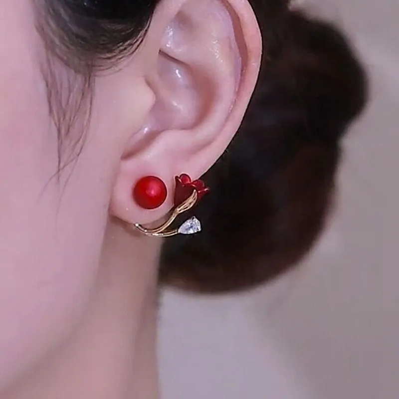 925 Silver Needle Red Tulip Flower Earrings For Women Jewelry 2024 Trending Luxury Back Hanging Black Women\'s Stud Earrings New