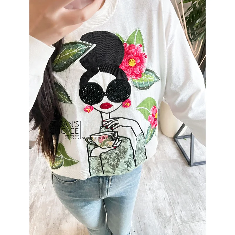 

Модный белый вязаный топ, круглая футболка с вышитым принтом, классическая осенне-зимняя повседневная хлопковая футболка Susan Susan Long Sve