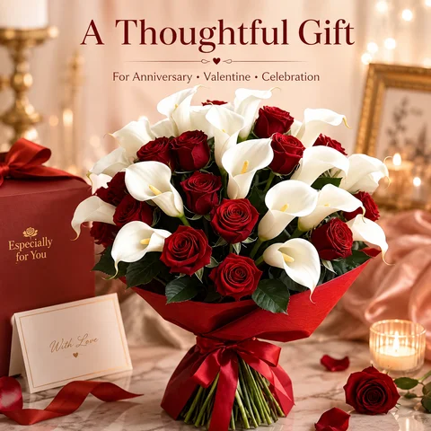 An Artificial Flower Bouquet (Featuring 14 Blooms) Composed of Realistic Red Roses and Creamy-White calla Lilies—Perfect for Valentine's Day or as a Wedding Bouquet; Requires No Daily Maintenance.
